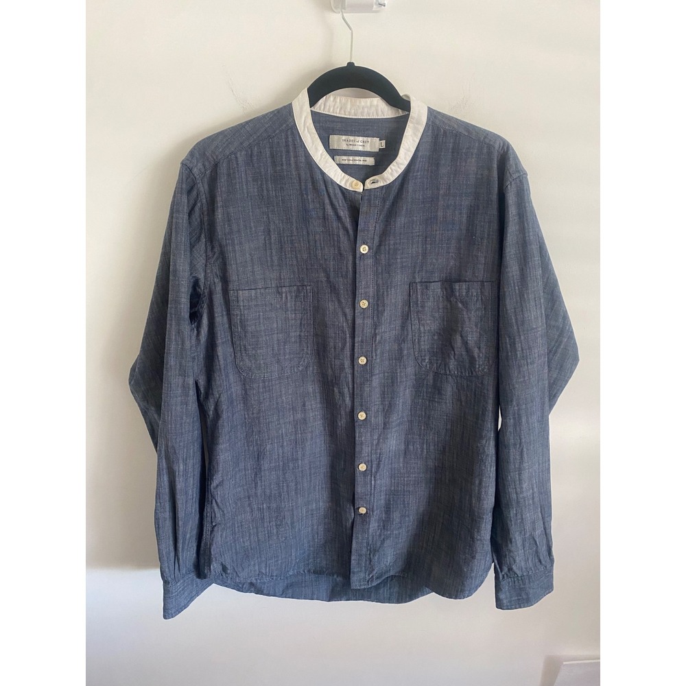 SHADES OF GREY by Micah Cohen‎ Men's Blue Chambray Band Collar Shirt Size L